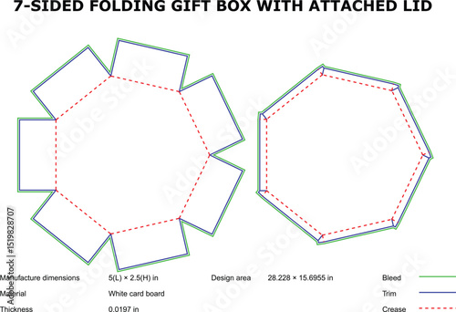 Seven sided folding gift box template with attached lid die cut design