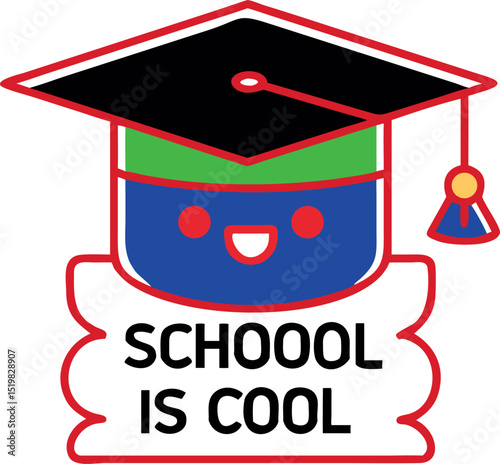 Adorable cartoon character wearing graduation cap saying school is cool perfect for education designs