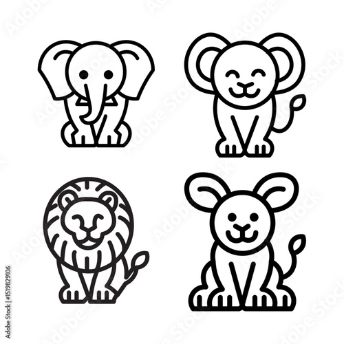 Cute Animal Icons in Outline Style – Vector Set for Kids and Education