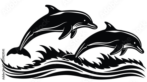 Two dolphins leaping out of the water in a stylized black silhouette