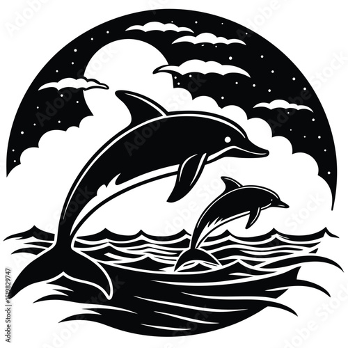 Two dolphins leaping from ocean waves under night sky vector illustration