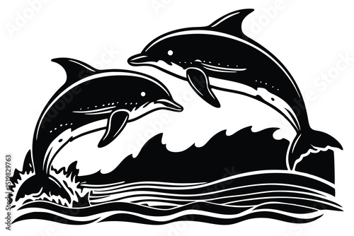 Two dolphins jumping out of the water black and white illustration