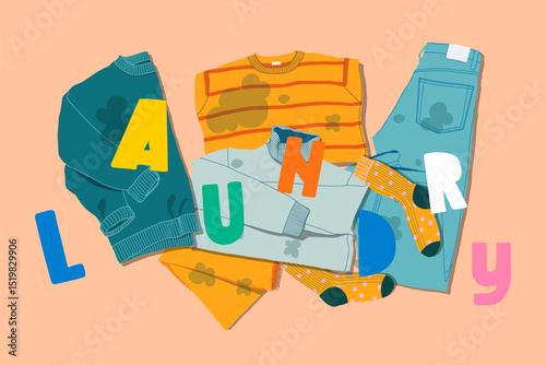 Pile of smelly and dirty clothes. Dirty stinky socks, sweaters and jeans. Sweaty used clothes with bad smell. Vector illustration. Laundry concept
