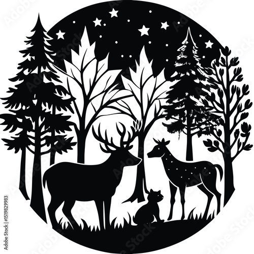 Vector silhouette of deer family in forest at night with stars