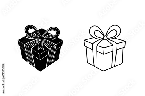 Elegant black and white vector illustration of two wrapped gift boxes with bows