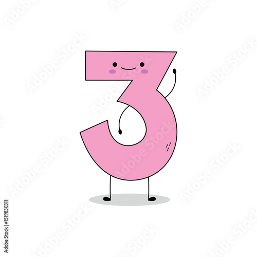 Cute number 3 cartoon character waving hand hi doodle
