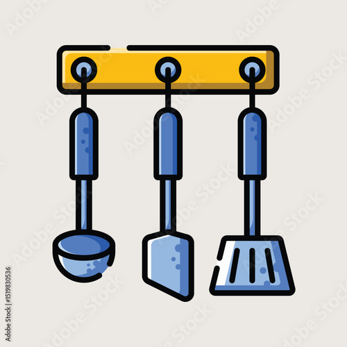  Hanging Set of Kitchen Utensils Including Spoon, Turner, and Spatula in Flat Vector Design