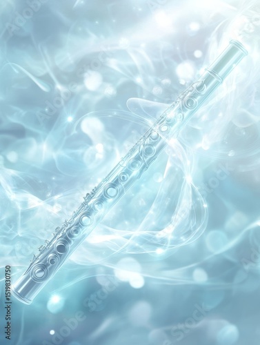 Luminous silver flute floating in a dreamy blue space, surrounded by radiant light swirls and transparent glowing music notes.
