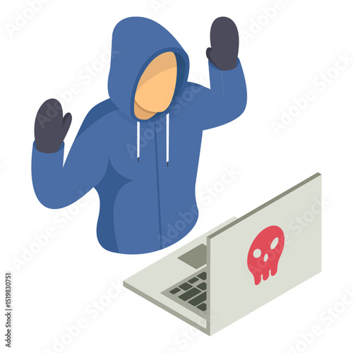 Spam and cybercrime isometric Concept, Skull and crossbones on a laptop screen vector icon design, White Collar Crime symbol, Computer crime Sign, security breakers stock illustration