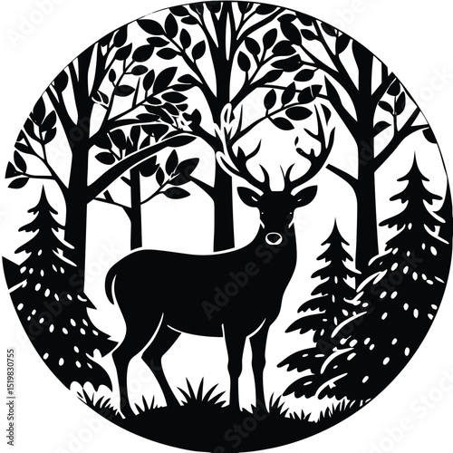 Deer silhouette standing in forest graphic woodland illustration nature scene