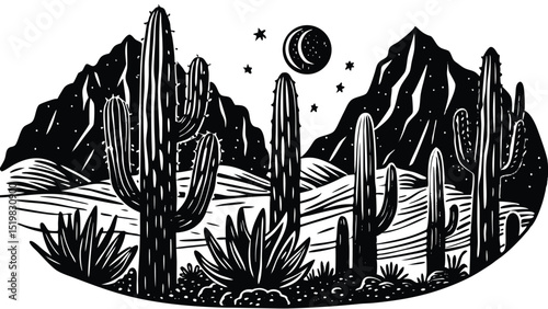 Black and white landscape of desert cacti with mountains and moon illustration
