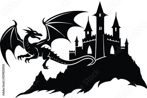 Dragon silhouette flying over mountain with medieval castle vector illustration