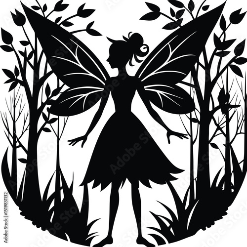 Black silhouette illustration of a fairy standing in a forest clearing design