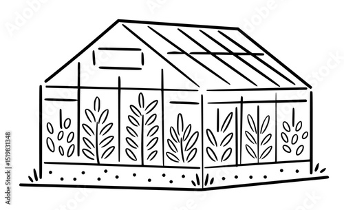 Simple black and white greenhouse with growing plants