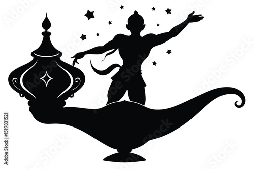 Silhouette of genie emerging from magic lamp with stars on white background