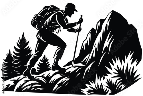 Silhouette illustration of hiker climbing mountain with backpack and hiking pole