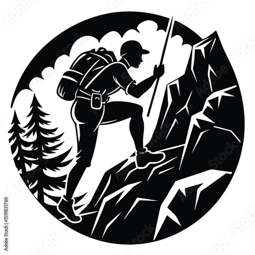 Mountain climber silhouette reaching summit peak with hiking gear vector illustration