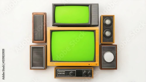 Vintage Television and Retro Audio Equipment Arrangement on White Background with Blank Green Screen