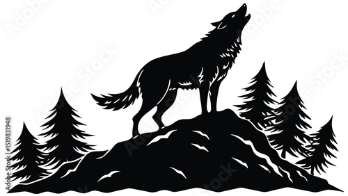 Silhouette of a howling wolf standing on a hill surrounded by trees