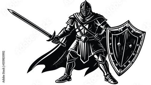 Black and white vector illustration of a knight with sword and shield