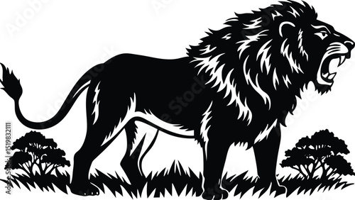 Roaring lion silhouette standing in savannah grass with trees vector illustration