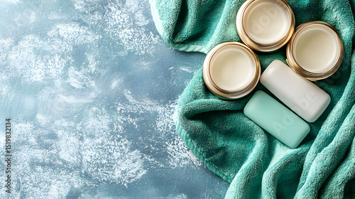 Teal Towel And Soap Set On Gray Stone Background