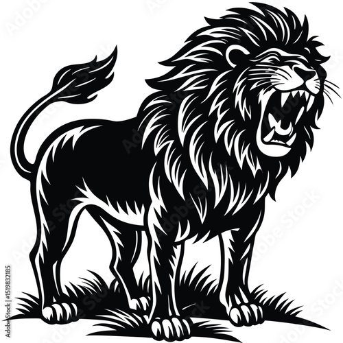 Roaring lion illustration fierce wildcat with mane outline black and white