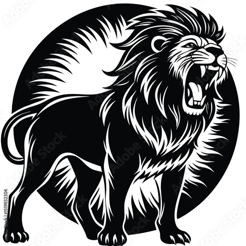 Roaring lion vector illustration strong black and white animal design