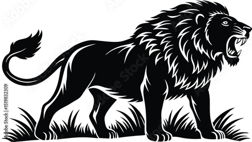 Roaring lion silhouette black and white vector illustration detailed mane and grass