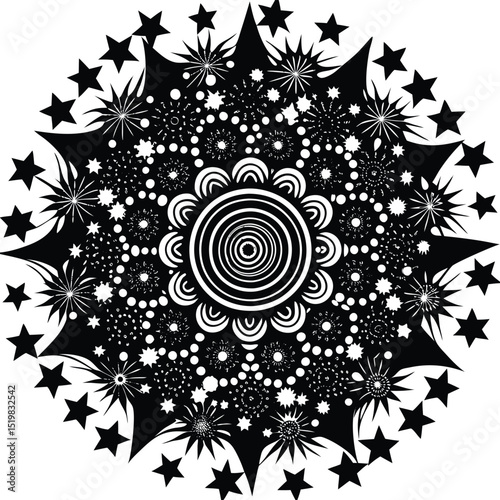 Abstract black and white mandala with floral elements and star accents design