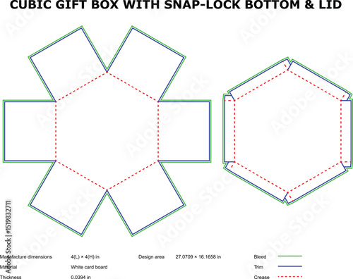 Cubic gift box template snap lock bottom lid die cut design