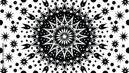 Black and white abstract geometric design with mandala flower stars and circles