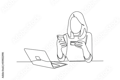 Woman shopping online using laptop and credit card in continuous line drawing