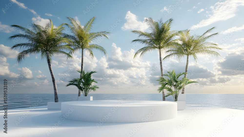 Fototapeta premium Tropical paradise: Modern podium with palm trees and ocean backdrop for product presentation
