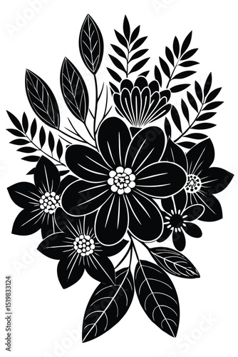 Black and white floral illustration with bold outlines and detailed leaves