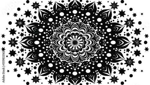 Black and white floral mandala design with stars and dots pattern