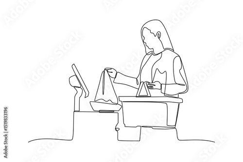 Cashier processing purchase with continuous line drawing technique
