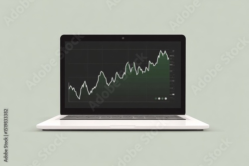 Laptop displaying rising financial chart on minimalist background  