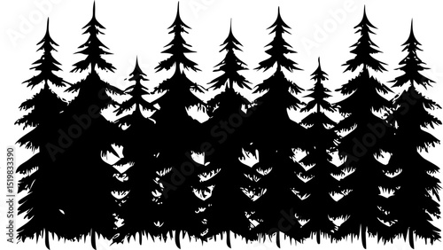 Silhouette illustration of a dense pine forest landscape with mountains in the background creating a serene and natural scenery design