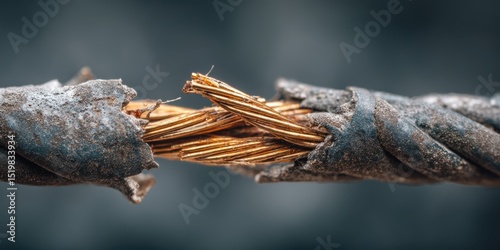 A High Resolution image of close-up damaged electrical wire shows exposed copper strands. Electrical cord damage, insulation break. Focus on power, energy. Repair, maintenance, safety.
