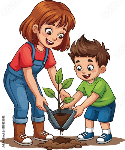 Joyful Mother and Child Bonding While Planting a New Tree Seedling in the Garden