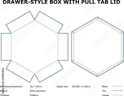 Hexagon drawer style box with pull tab lid template die-cut design