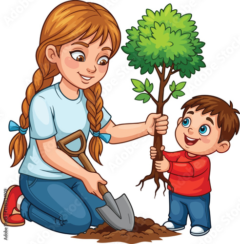 Mother and Son Planting a Tree Together, Teaching Environmental Responsibility.