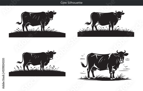Elegant silhouettes of cows in various poses representing agriculture and farming