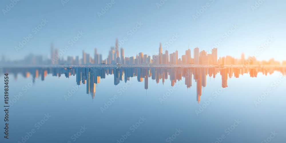 Fototapeta premium financial trouble bankruptcy recovery concept. Urban skyline reflected in calm water during sunset.