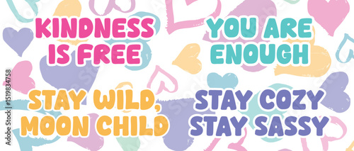 Whimsical Hand-Drawn Heart Patterns with Uplifting Kids Quotes for Positive Reinforcement and Self-Esteem Development