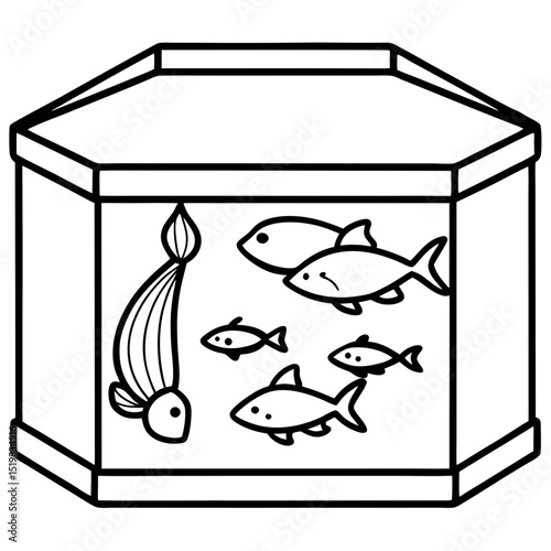 Aquarium with Various Fish Species in Line Art