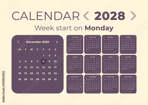 Calendar 2028 application style and the week starts on Monday