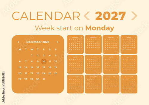 Calendar 2027 application style and the week starts on Monday