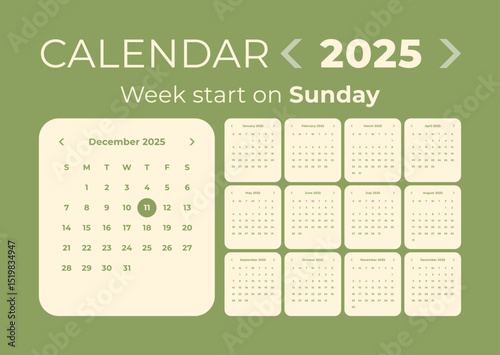 Calendar 2025 application style and the week starts on Sunday